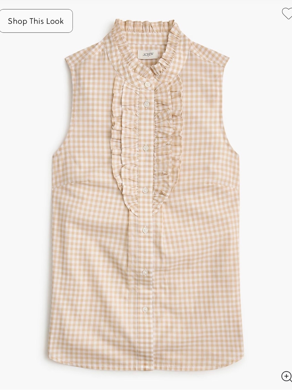 J. Crew Sleeveless Cotton Gingham Ruffle-Front blouse in khaki and Cream NWT - Picture 4 of 4